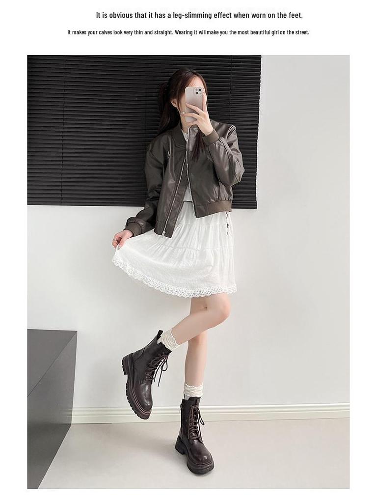 Thick-Soled Melard Women's British-Style Lace-Up Martin Boots, 2025 Round-Toe Chunky Heel Mid-Calf Short Boots