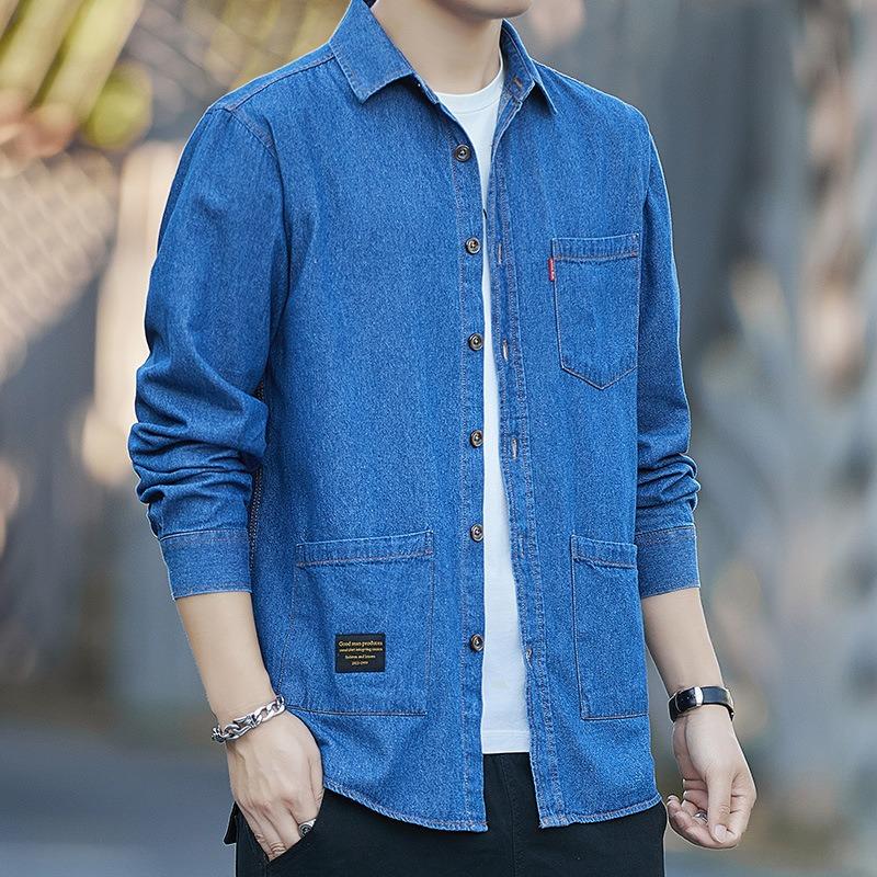 Mens 100 Cotton Denim Long Sleeve Casual Work Shirt Multiple Pockets
