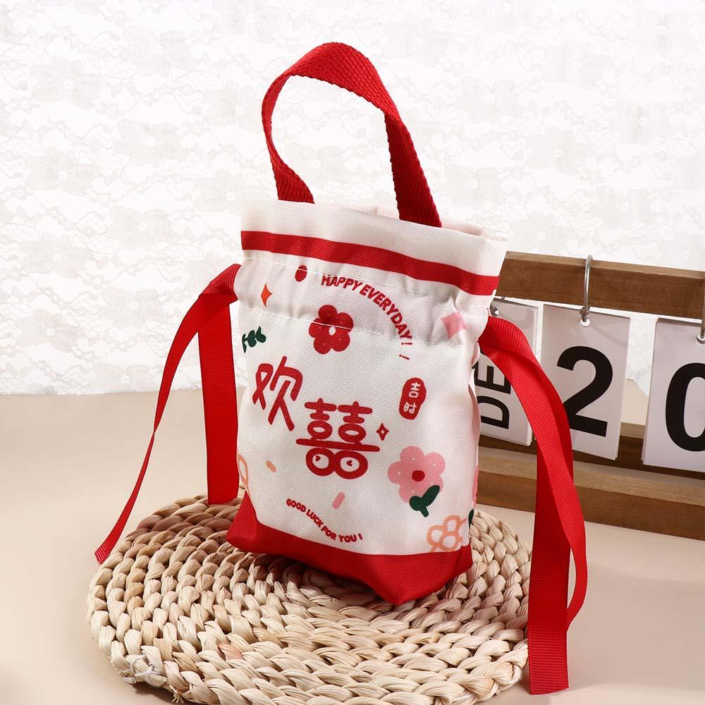 Floral Canvas Drawstring Bag Bird Bowknot Handbag Elegant Small Flower Wrist Bag  Festival