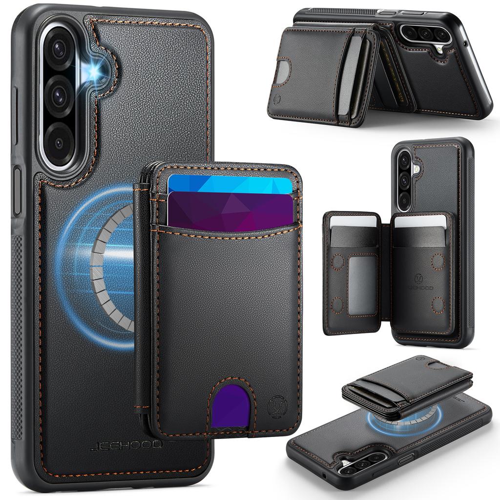 For Samsung Galaxy A26 5G Magnetic Case JEEHOOD J10 Leather Back Phone Cover with Detachable Card Holder Kickstand