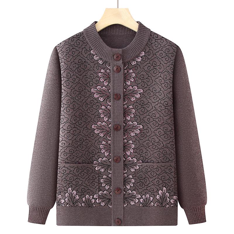 Round Neck Knitted Cardigan for Middle-Aged and Elderly Women - Grandma Style Sweater for Spring and Autumn