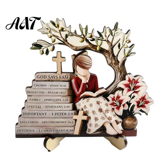 Exquisite Desktop Figurine Decor Wooden Reading Girl Figurine, Stable Pastoral Style Statue Decorative for Desk Decor, Artistic Healing Ornament,