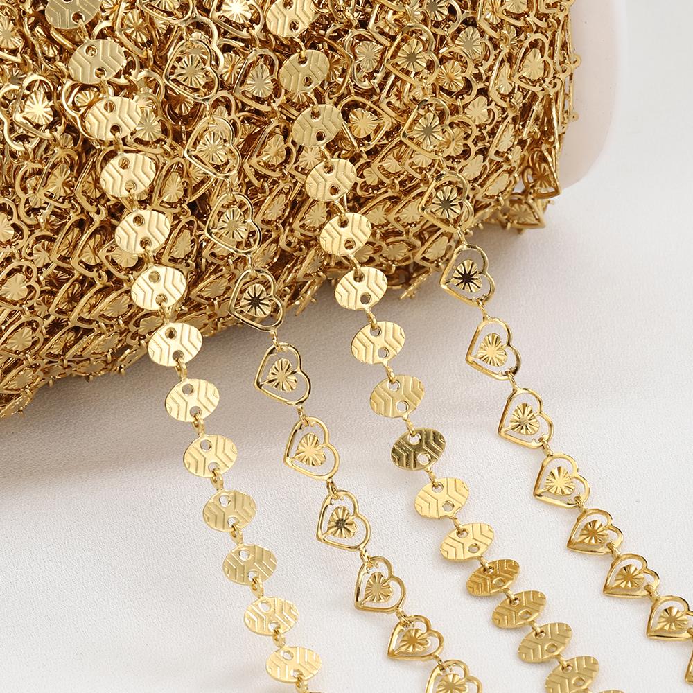 Nicht verblassend 2 Meter 1 Meter Edelstahlketten Goldfarbe Prägung Liebesherz Ketten für Halskette Armband Schmuckherstellung DIY