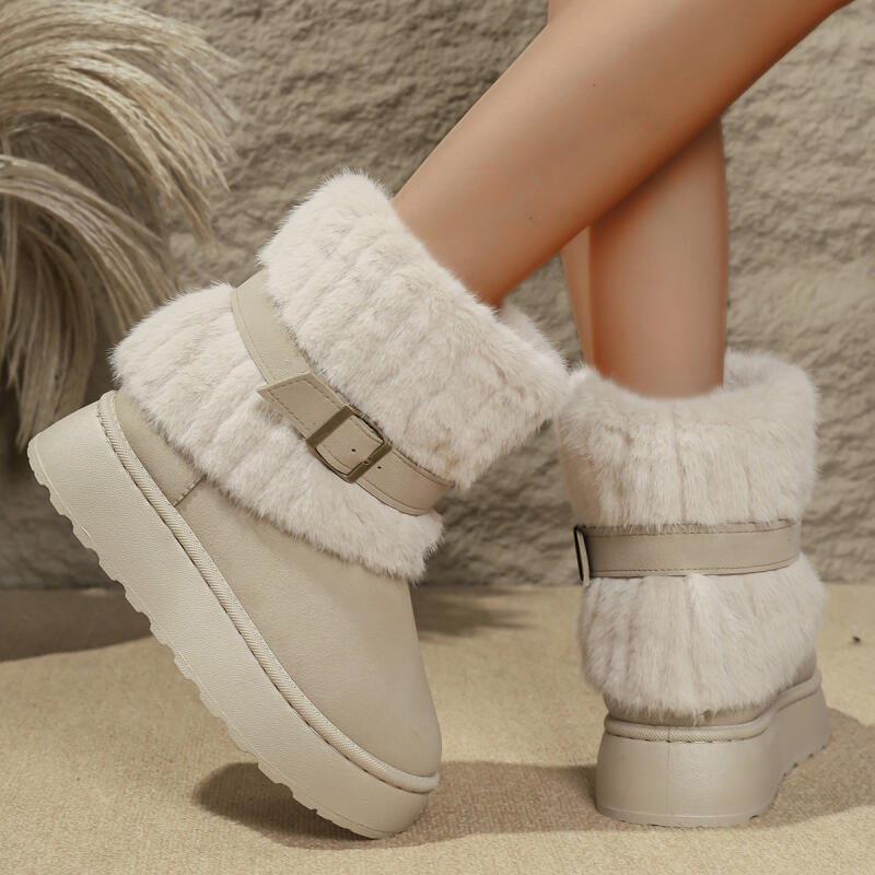 Fashion 2025 Winter Faux Fur thick bottom Women's Snow Boots Metal Belt Buckle Ankle Boots with Platform Fluffy Furry Shoes for Woman
