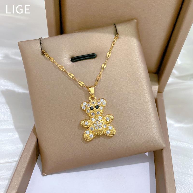 Pentagram Bear Light Luxury Temperament Gorgeous Full Diamond Necklace Female Versatile Collarbone Chain Titanium Steel Chain