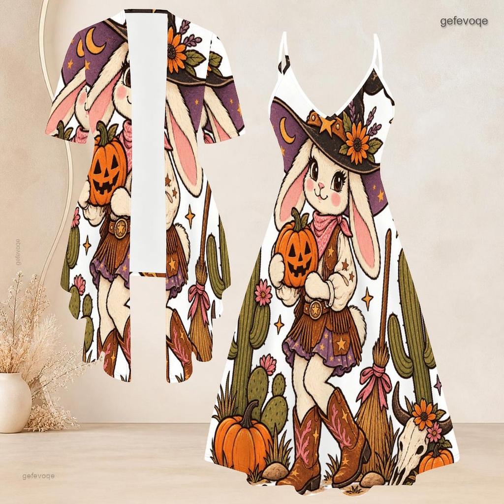 Women Plus Size Two Piece Set White Halloween Ghost Printed Short Sleeve Cardigan V Neck Strappy Flared Dress