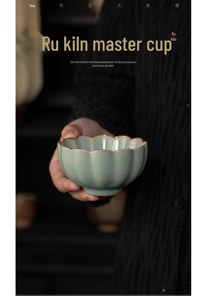 Ru Kiln Sky Blue Crackle Ceramic Tea Cup - Single Tea Tasting Bowl with High-End Gift Packaging