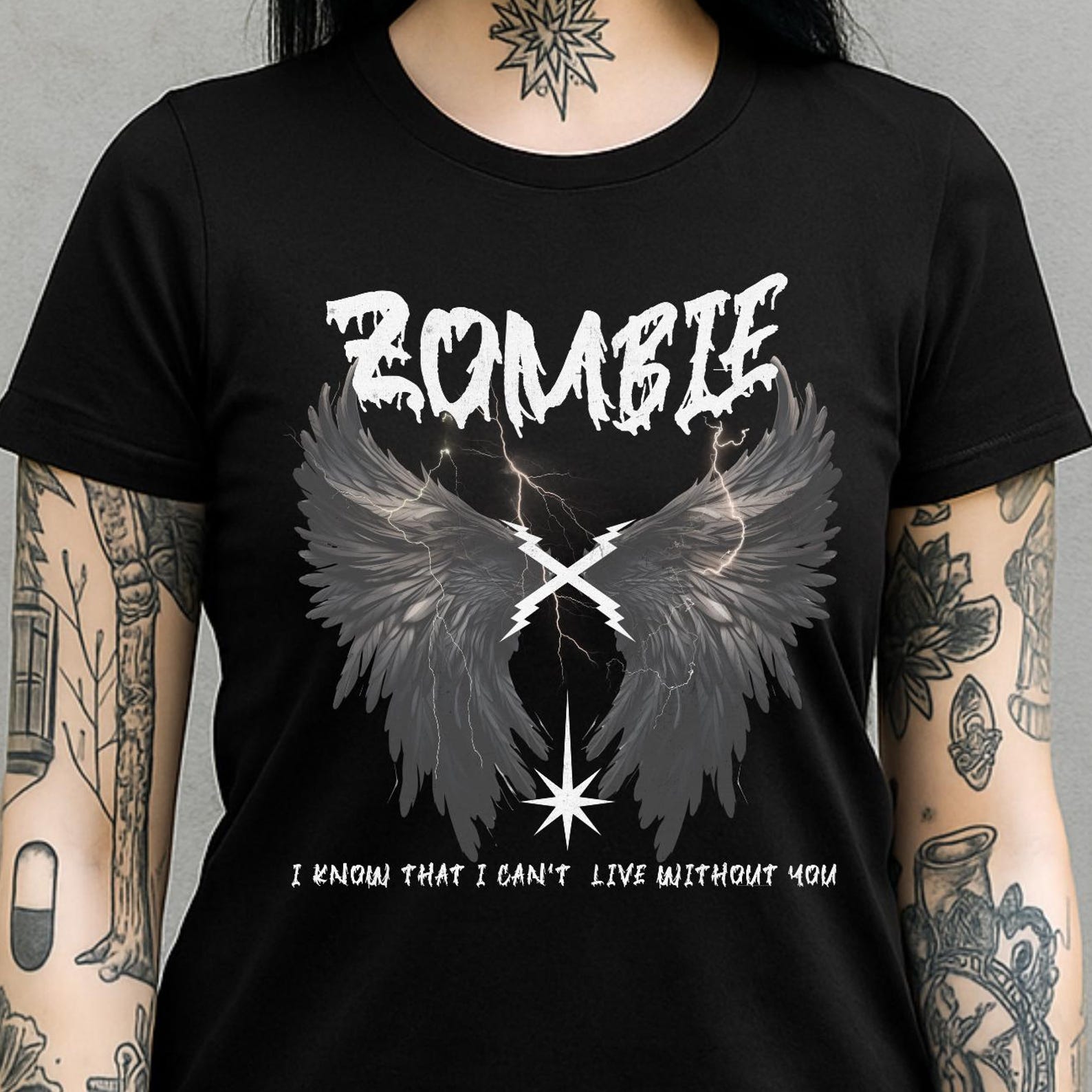 Gothic Zombie Wings T-Shirt – Dark Grunge Graphic Tee L