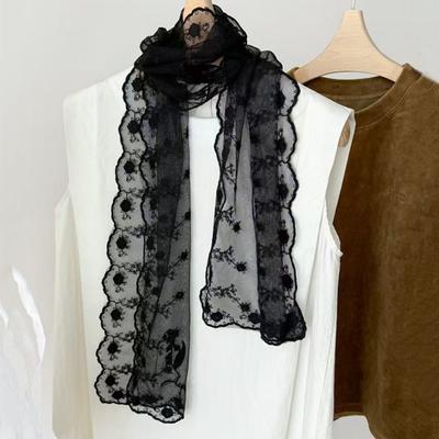 Retro Embroidered Flower Lace Scarf Breathable Mesh Lightweight Female Headscarf Long Sunscreen Shawl Women