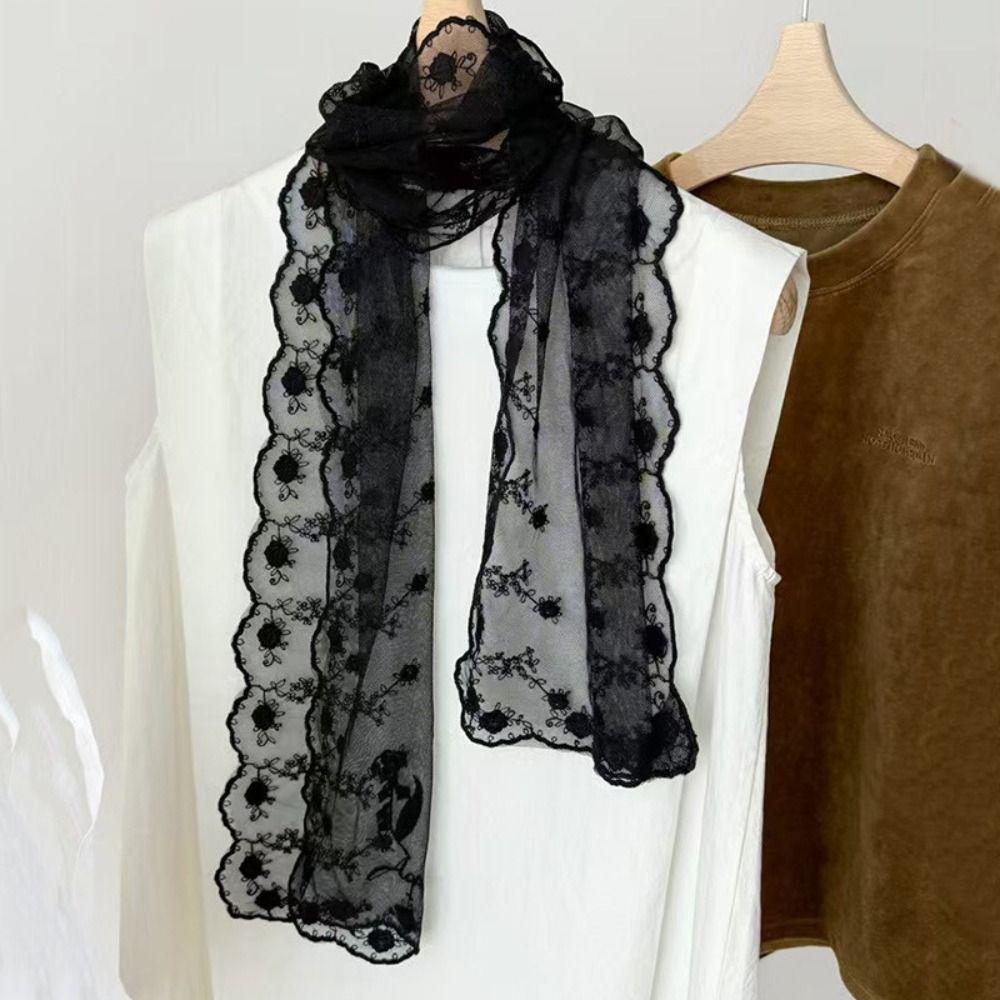 Retro Embroidered Flower Lace Scarf Breathable Mesh Lightweight Female Headscarf Long Sunscreen Shawl Women