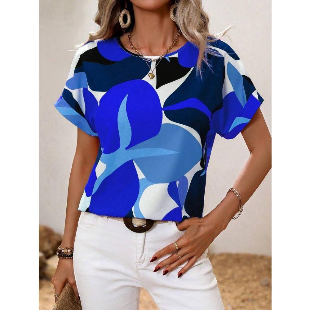 Women's Round Neck T-shirt Summer Outdoor Fashion Short-sleeved Tops Oversize Loose Ladies Clothing Flower Printing Trend Style