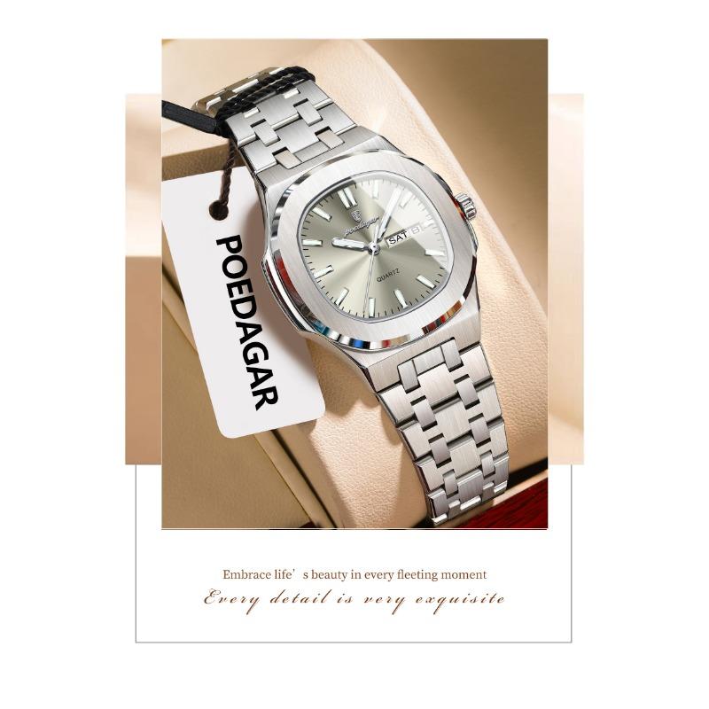 POEDAGAR Square Woman Watch Date Week Waterproof Luminous Ladies Watch Stainless Steel Quartz Fashion Watches Gift
