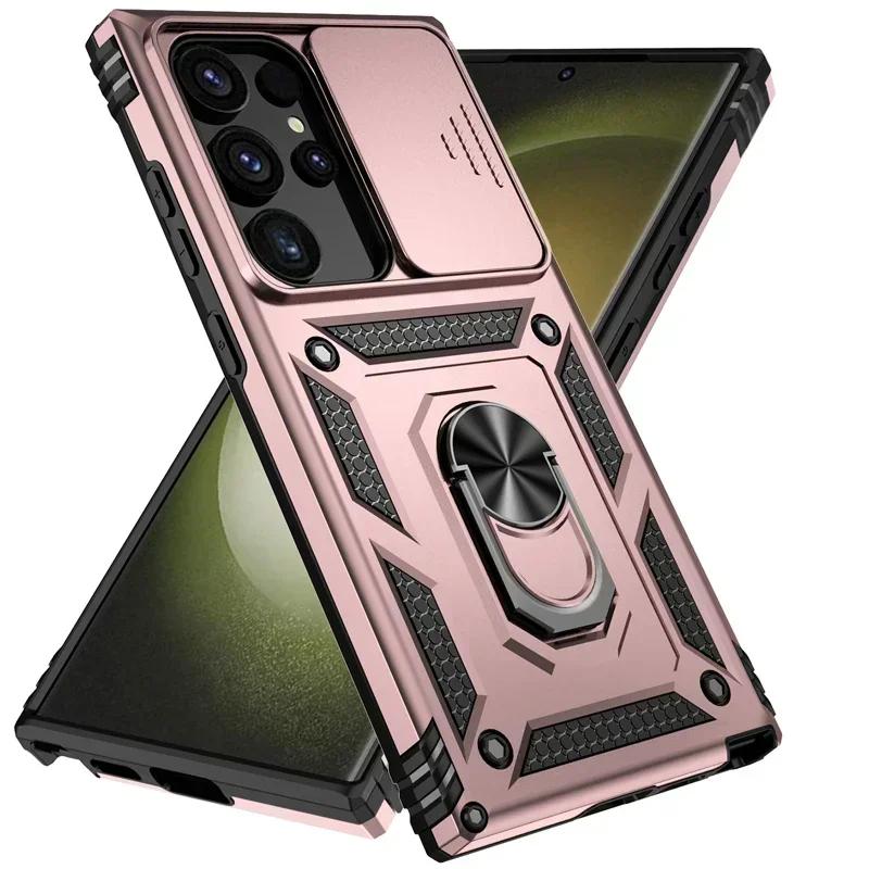 Slide Camera Lens Military Grade Armor Case For Samsung Galaxy S25 Ultra Plus S24FE A16 A06 A26 A36 A56 Holder Ring Stand Cover