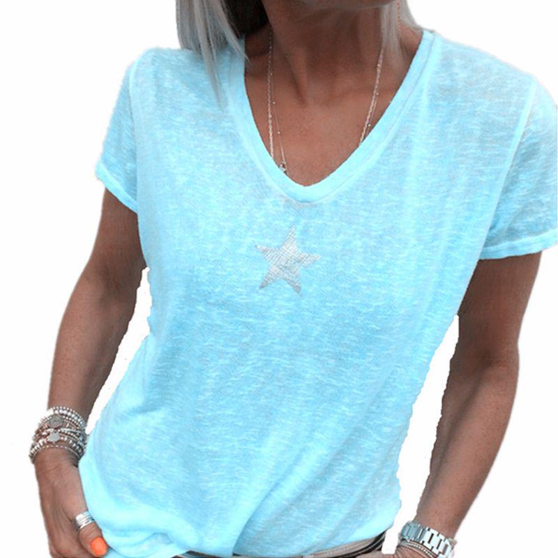 Stilvolles Damen V-Ausschnitt T-Shirt Lässig Locker Stern Sommer Shirts Einfarbig Kurzarm Perfekt für Outdoor-Aktivitäten