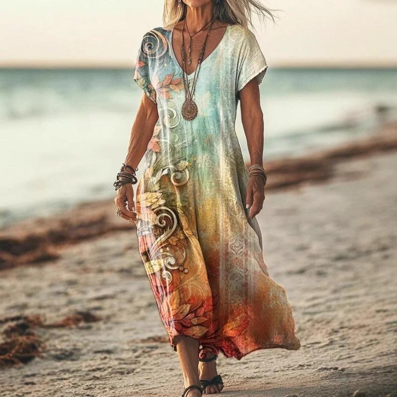 YYFS Women's Fashion Summer Spring Flower Pattern Print Short Sleeve V-Neck Loose Waistline Casual Dresses