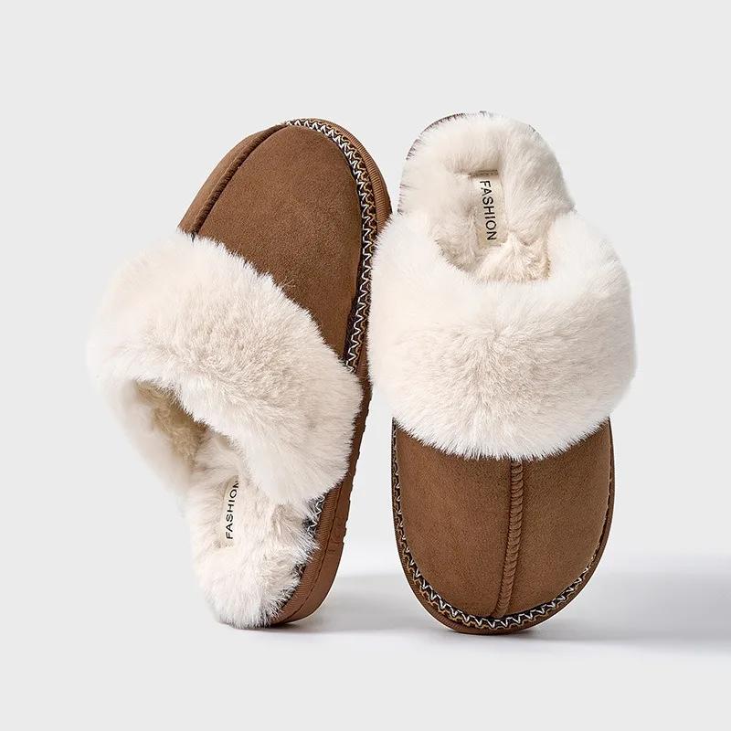 

Autumn Winter Women s Faux Suede Slippers Fluffy Mules Fashion Plush Warm Snow Boots Home Cotton Shoes Soft Flat Indoor Slippers 40-41 шоколадний