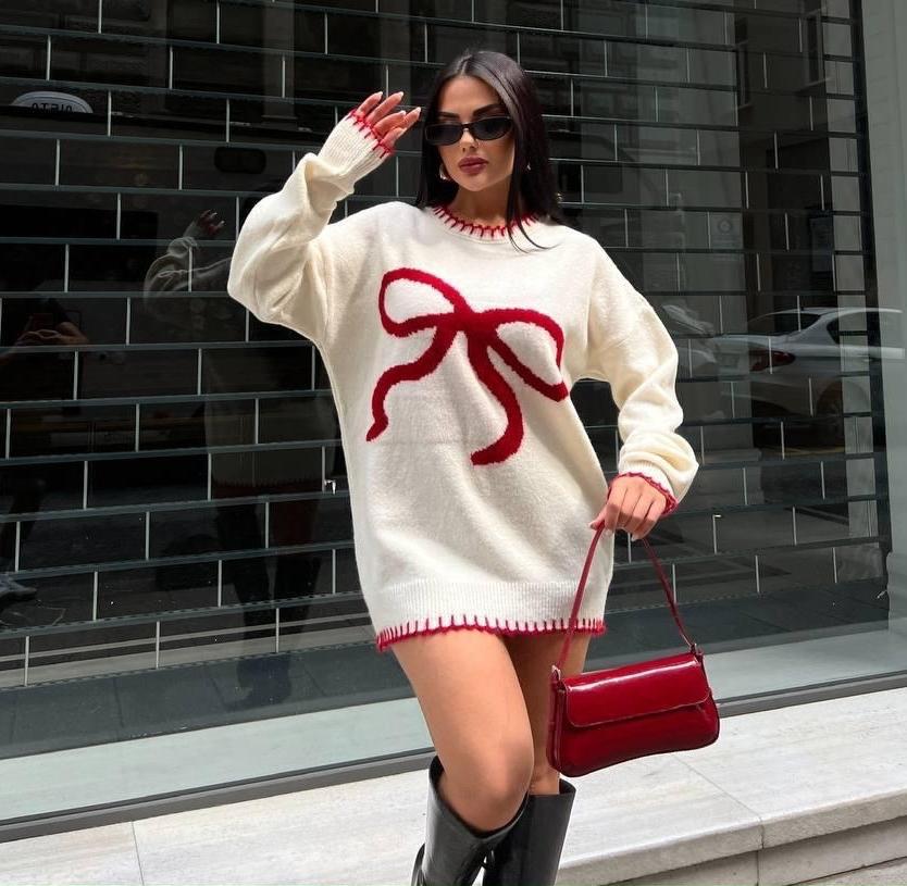 Dámský podzimní/zimní svetřík s mašlí - Evropský a americký styl Kulatý výstřih Pletený pulovr