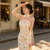 French gentle floral ruffle edge split temperament design sense niche pure desire hot girl sexy tube top dress women