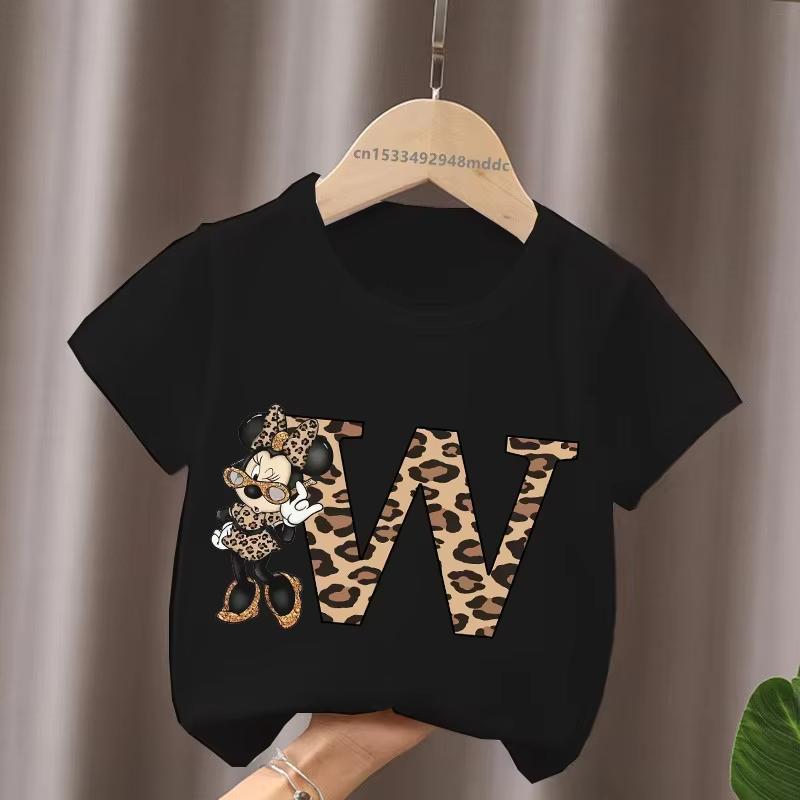 Mouse Leopard Letter A B C Name Print Unisex Women Tops Kids Tshirt Clothes Black Short Sleeve Black T Shirt