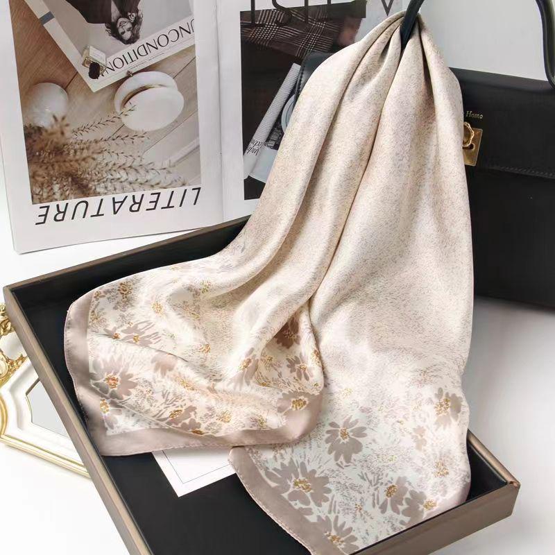 High-End Women's Lightweight Silk Square Scarf - Temperament Print Neckerchief for Neck Protection and Decoration.