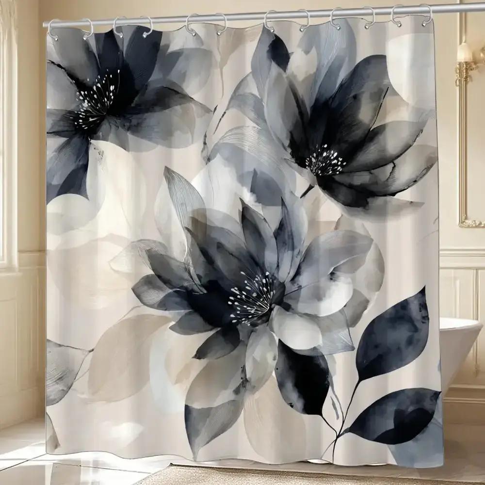 

Black And White Watercolor Floral Shower Curtain, Polyester Fabric, Machine Washable, With Hooks, Suitable For Bathroom Dcor. W60H190(CM)-1 Pcs