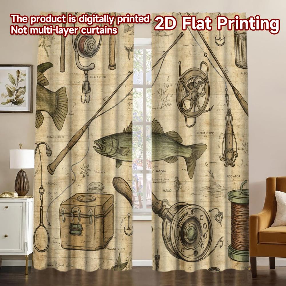 2D FLAT PRINTING 2pcs Curta (Without Rod) Vintage Fishing Equipment Illustration Chic Chic Curtain Versatile Fabric Curta