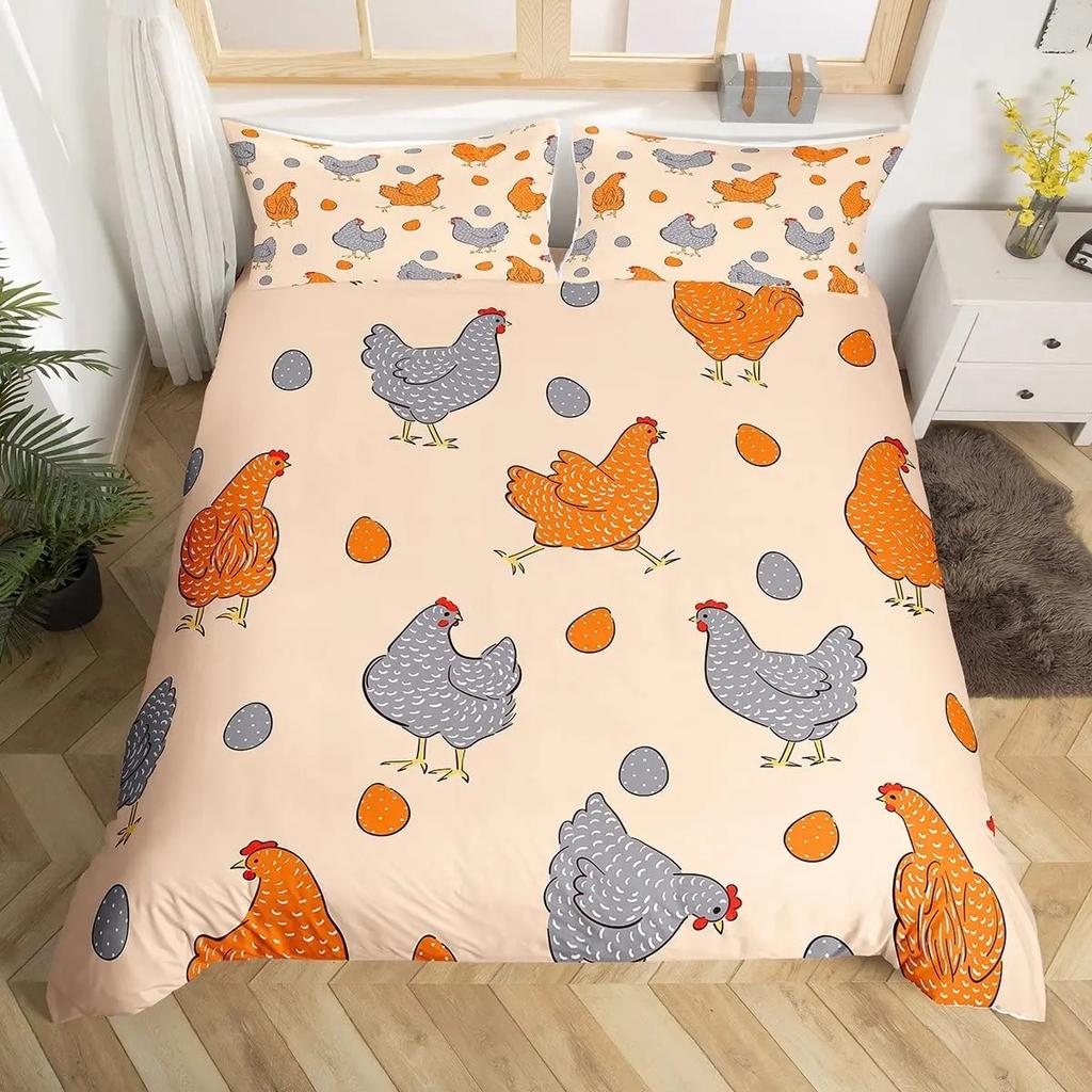 Cute Chicken Duvet Cover King Queen Colorful Rooster Bedding Collection Farm Animal Comforter Cover Funny Rustic Farmhouse Quilt Cover