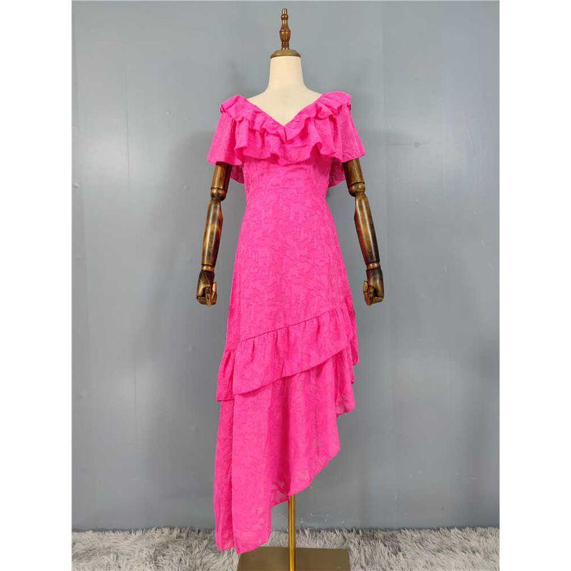 

Export Single Lady Elegance Beautiful Simple Casual All-Match Exquisite Jacquard Ruffles Asymmetrical Elegant Dress Rose Red L