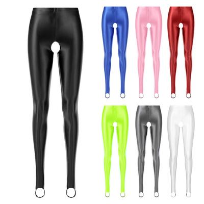Dames Glanzende Open Kruis Beugel Leggings Stretchy Gladde Middelhoge Taille Elastische Tailleband Skinny Broek