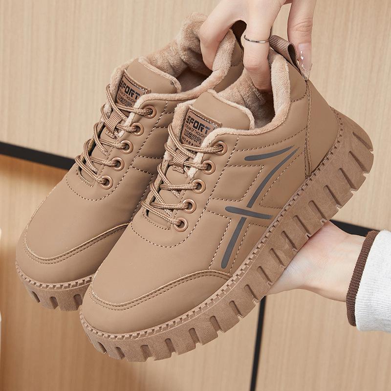 Women's Winter Chunky Platform Sneakers With Faux Fur Lined Warm Non-Slip Snow Boots Lace-Up Tennis Walking Shoes for Women Faux Leather Short Booties