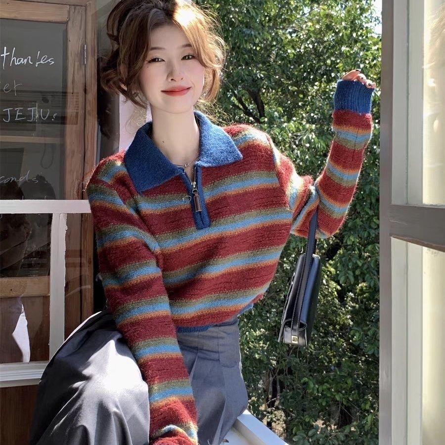 

Ленивый короткий свитер с воротником-поло, полосатый пуловер, женский весенне-осенний свободный вязаный свитер в стиле ретро с длинными рукавами, пуловер, женские топы One Size красный