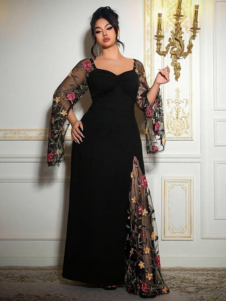 Elegante Plus Size Geborduurde Mesh Jurk voor Feesten - Lente, Herfst, Nieuwjaar, Valentijnsdag