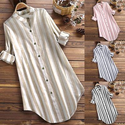 Mode Printemps Femme Chemise Femme à Manches Longues Rayée Décontractée Grande Taille Coton et Lin Chemise Femme