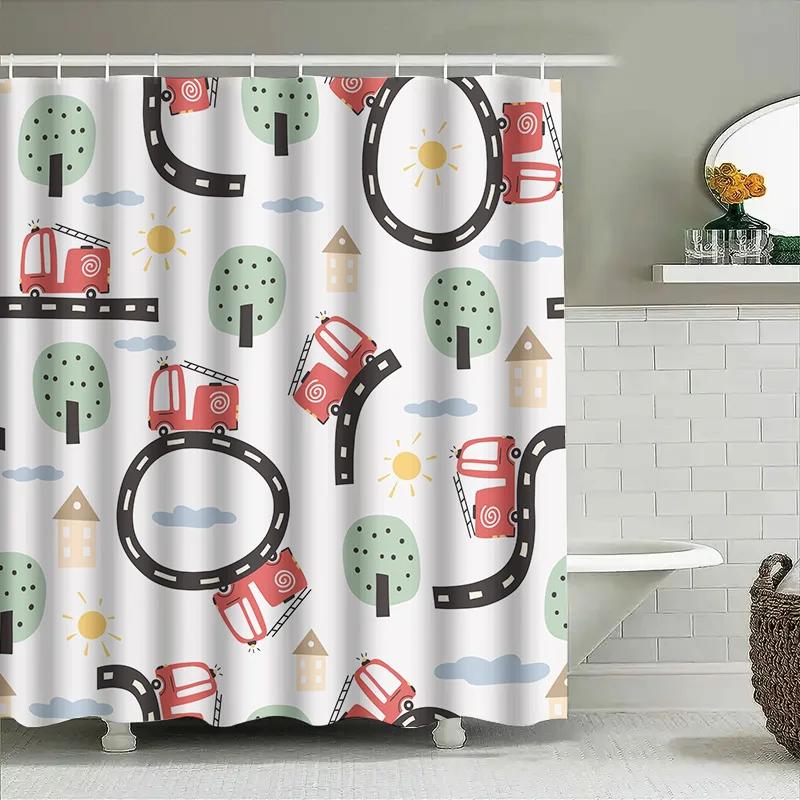 Playful Kids Bath Curtain Children's Shower Curtains Decorative with Red Tractor Tree Pattern Washable Fabric for Bathroom Perfe
