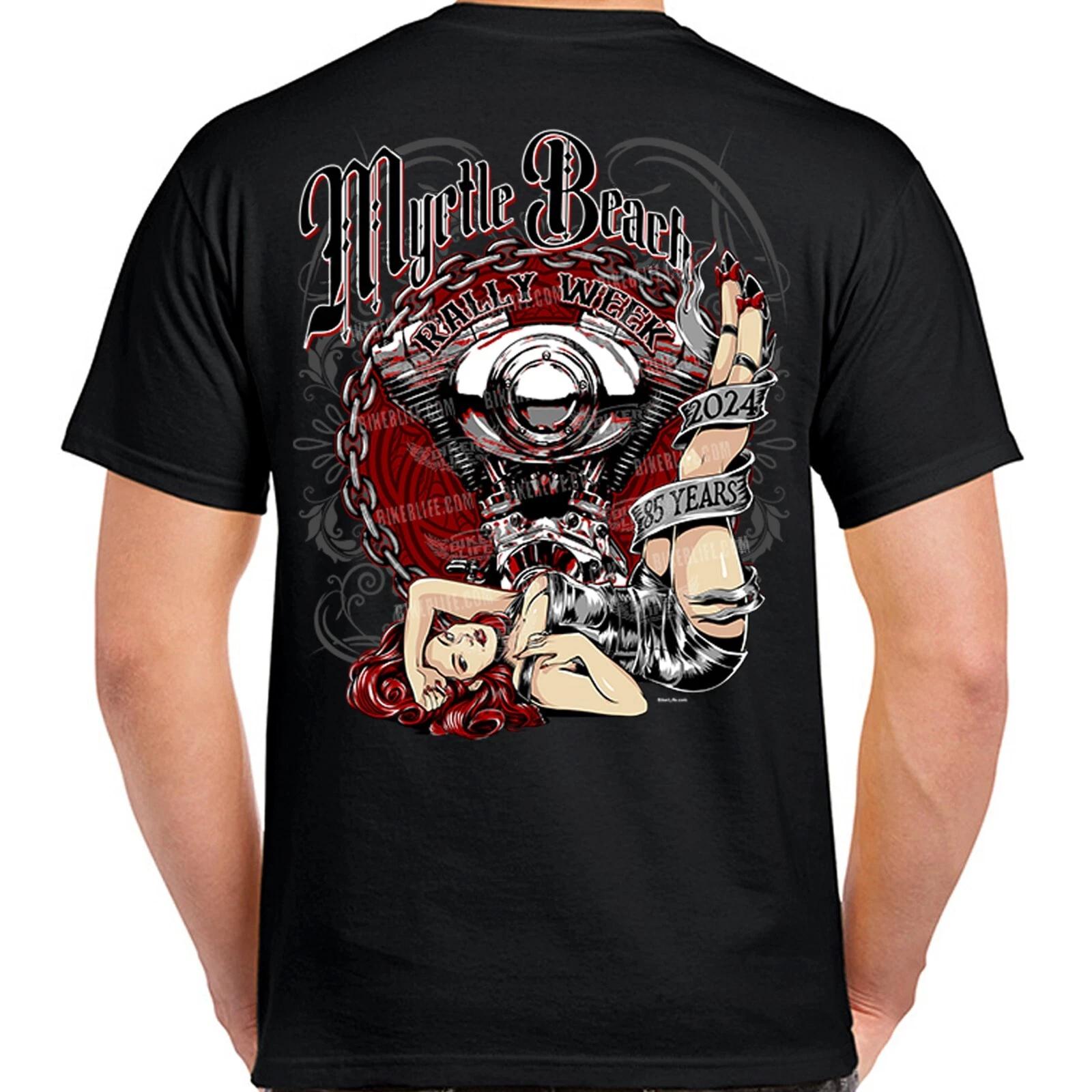 2024 Myrtle Beach Bike Rally Chained Engine Pinup Girl T-Shirt XXXL