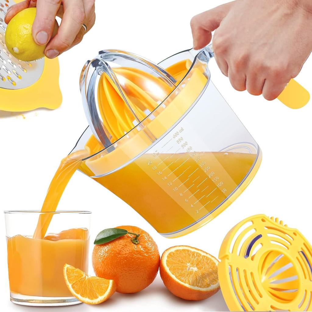 Citrus Juicer 4-in-1 Manual Juicer, ChefVille MJ02 Multifunctional Hand Juicer, Lemon Lime Squeezer with Comfortable Grip Handle, 21-Ounce Capacity