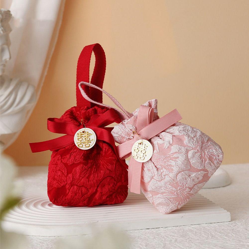 Korean Style New Year Drawstring Bag Bowknot Red Handbag Wedding Candy Bag  Wedding