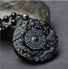 Lucky Amulet Pendant Necklace Long Chain Natural Obsidian Carved Chinese Dragon