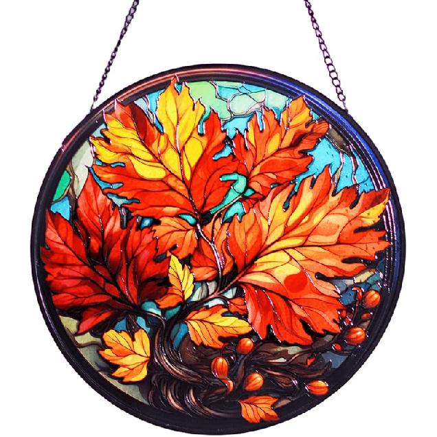 Autumn Stained Glass Window Hanging, 8  /20CM Maple Leaves Suncatchers for Windows Autumn Decorative Hanging Ornaments Stained Glass Window Panel A