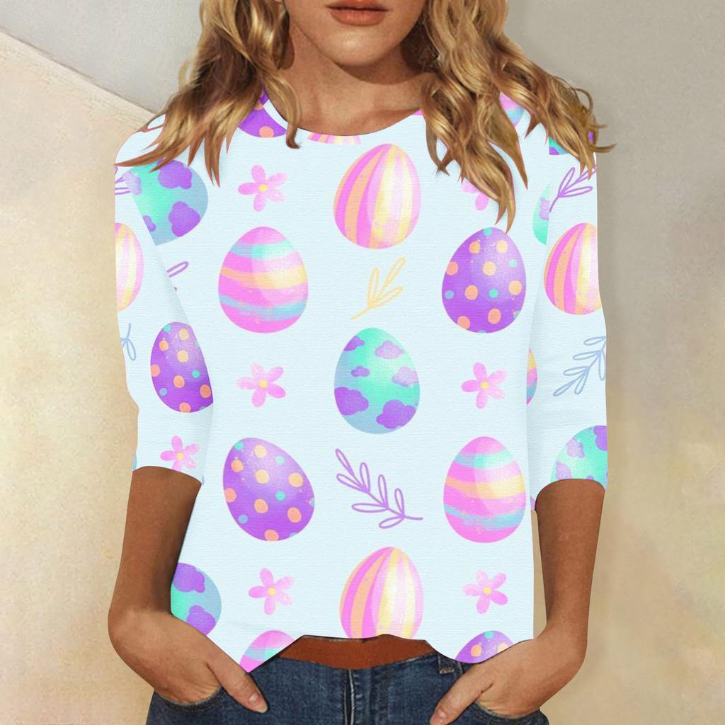 Round Neck 3D Rabbit Festival Printed Top Fashionable Casual Long Sleeved Women's T-shirts