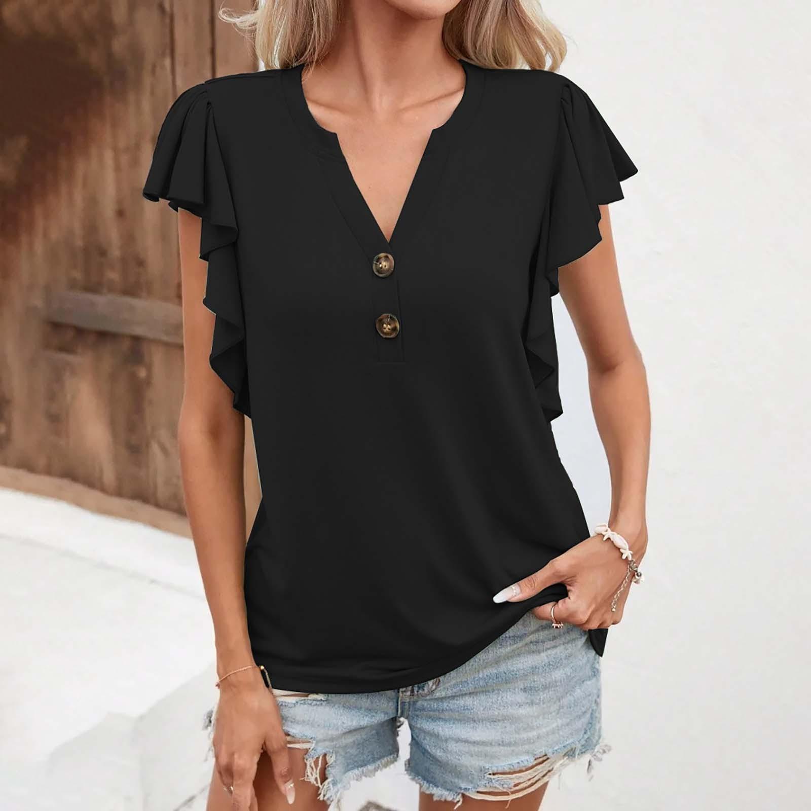 

Women s Summer Short Sleeves Button V Neck Loose Casual Solid Color Casual Comfy Tops XXL чёрный