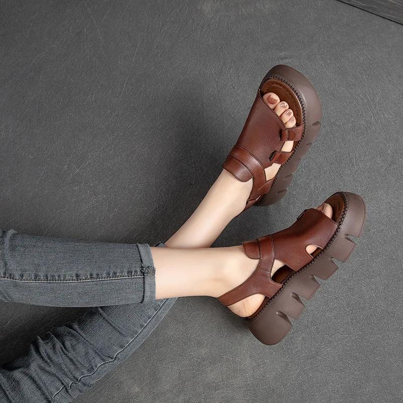 Fashion 5.5CM Summer Handmade Genuine Leather Sandals Women Designer Luxury Hook And Loop Wedges Platform Casual Sandals Women Shoes