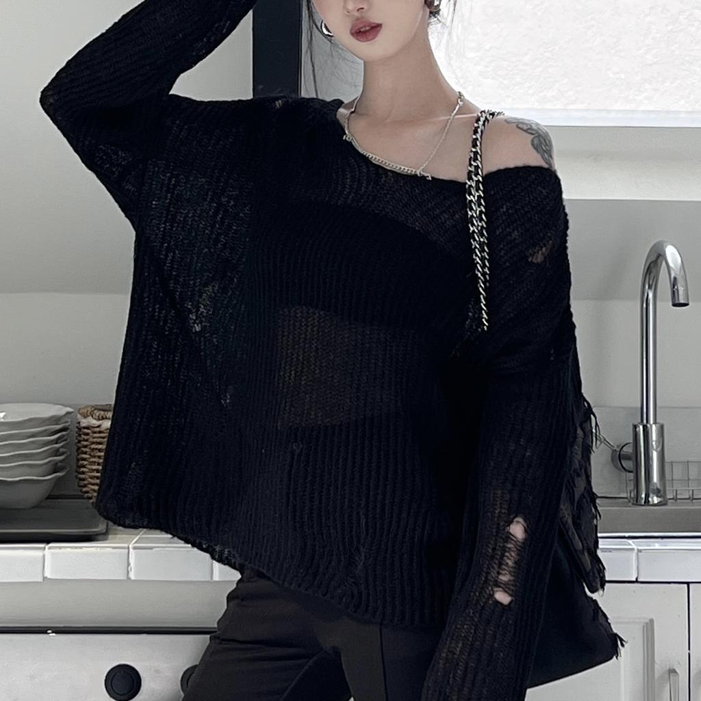 Summer New Thin and Transparent Perforated Basic Versatile Loose Sweater Cover Sweater Design Sense Knit Sweater