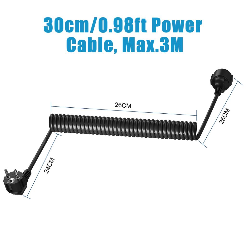Prelungitor de alimentare european de 3 metri, cablu spiralat de alimentare cu ștecher mascul la priză femelă, ștecher Schuko UE, 230 V/16 A IP20