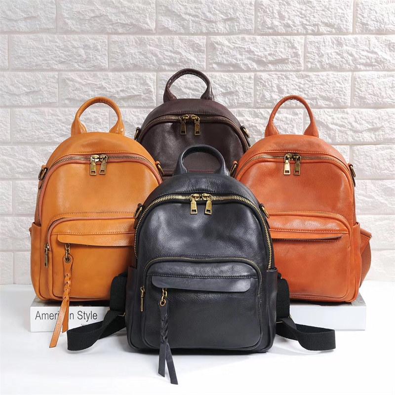 Genuine Leather Women's Backpack Solid Color Vintage Design Student Bag Fashion Backpacks