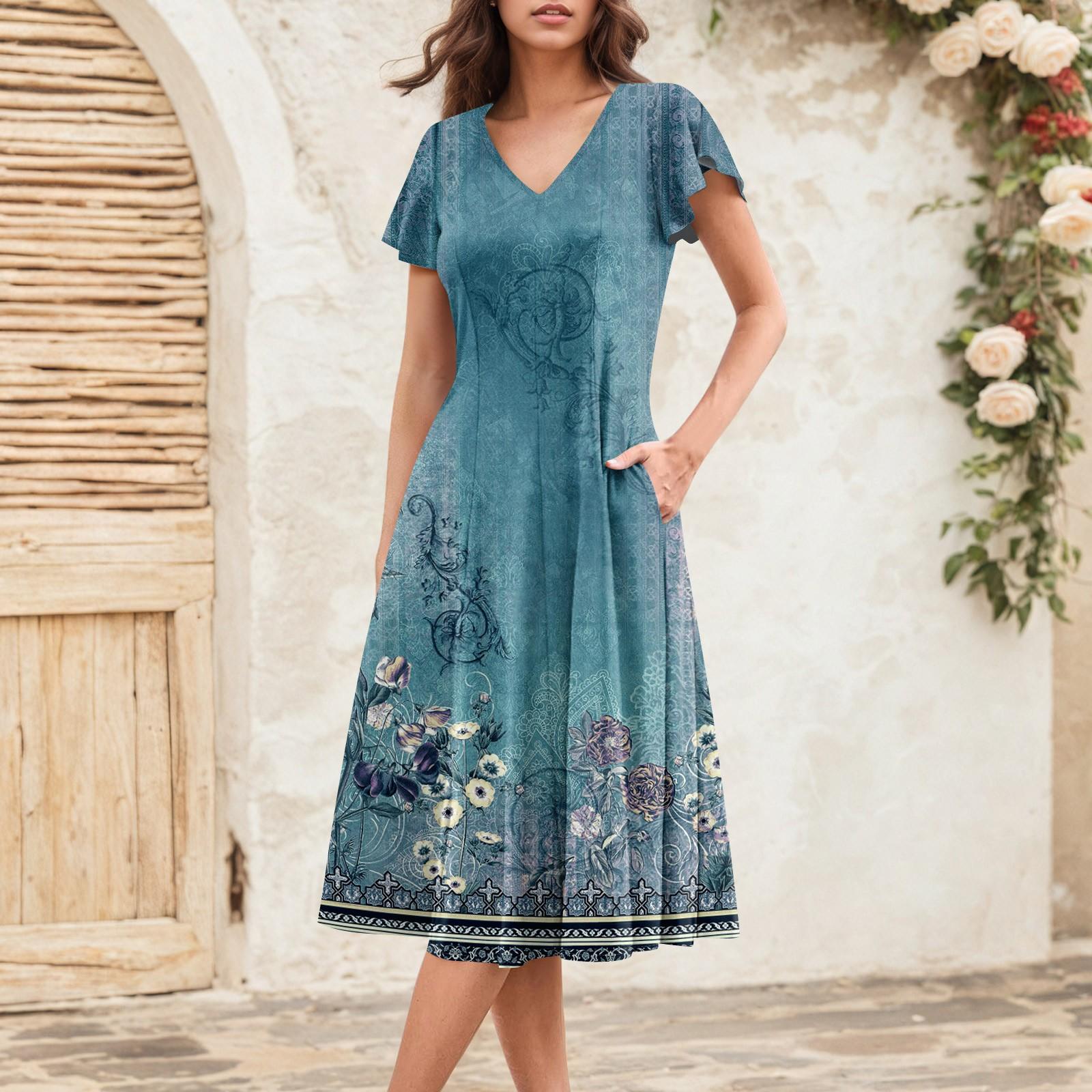 Women s Summer Fashion V-Neck Ruffle Sleeve Retro Elegant Midi Dress L