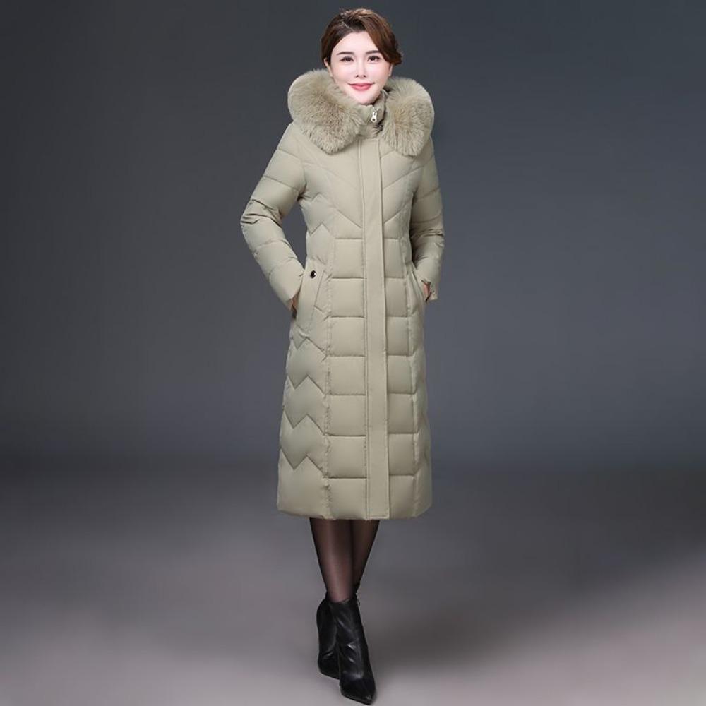 Vinter medellång dunjacka över knäet, plusstorlek, förtjockad kappa för medelålders och äldre mödrar