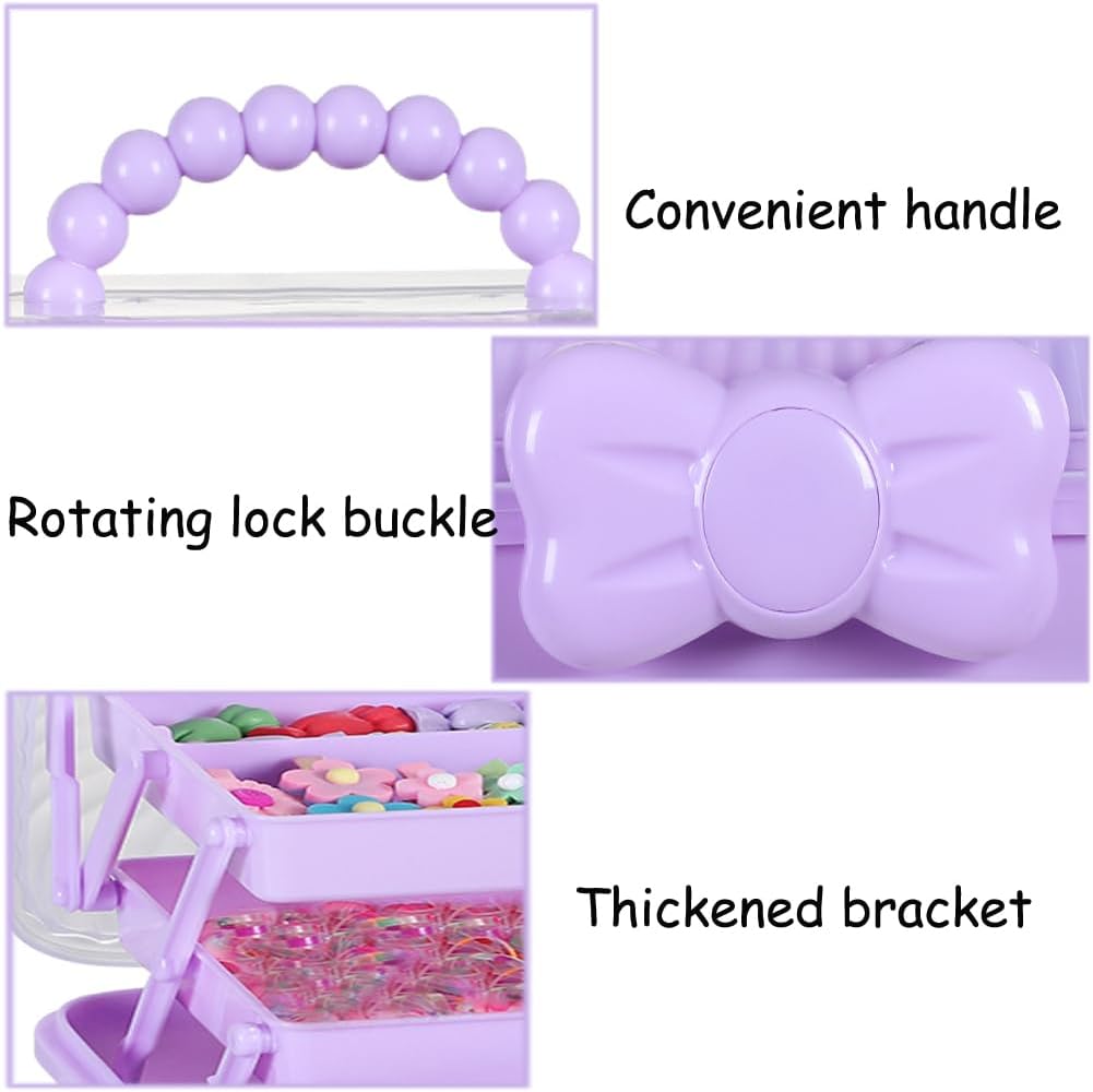 Girls Hair Accessories Collator Three-layer Folding Plastic Jewelry Box with Lock (Purple)