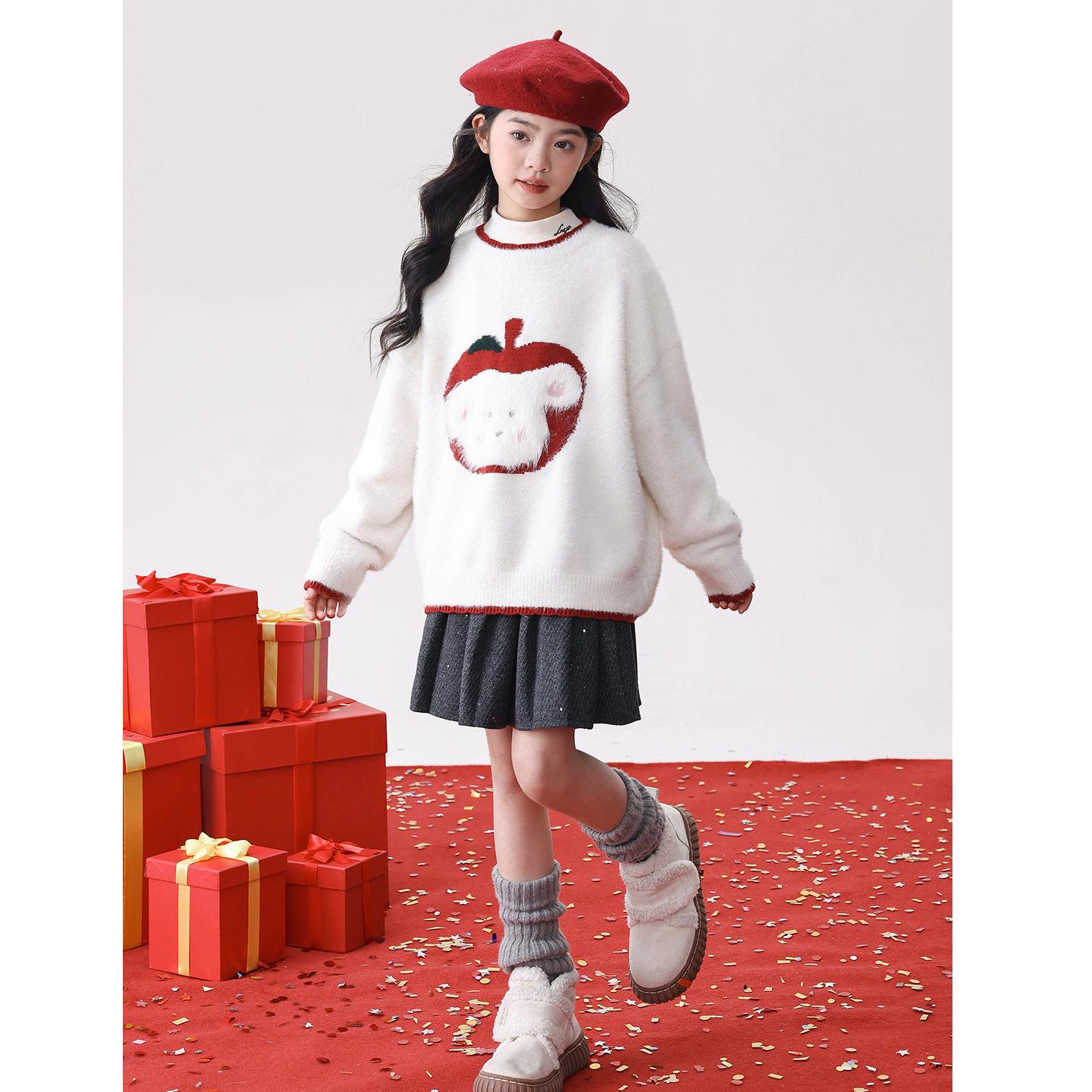 Girls  2025 Winter Korean-Style Thick Knit Sweater for Big Kids 130 cm