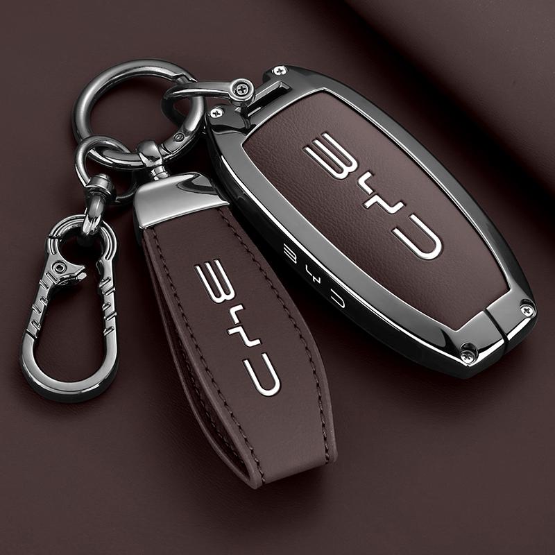 Zinc Alloy New Leather Car Key Case Cover Shell Fob for BYD Song Plus Atto 3 Han EV DM Qin Seal Dolphin Protective Auto Keychain